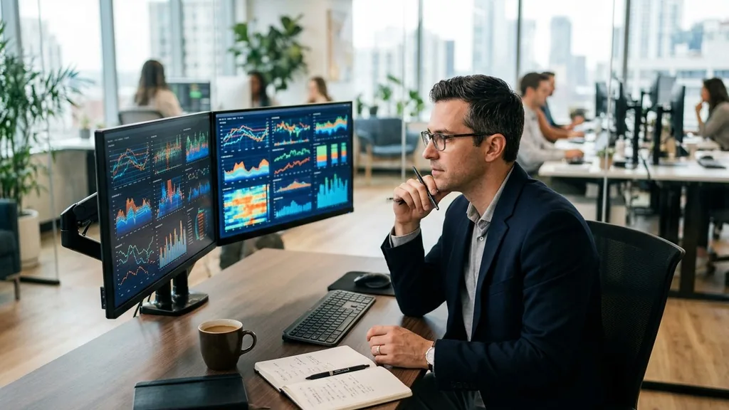 Analyst reviewing brand survey and search trend charts on two monitors in a modern office with a notebook