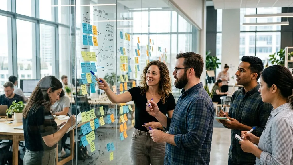 Marketing team mapping a brand campaign plan with sticky notes on a glass whiteboard in a bright office