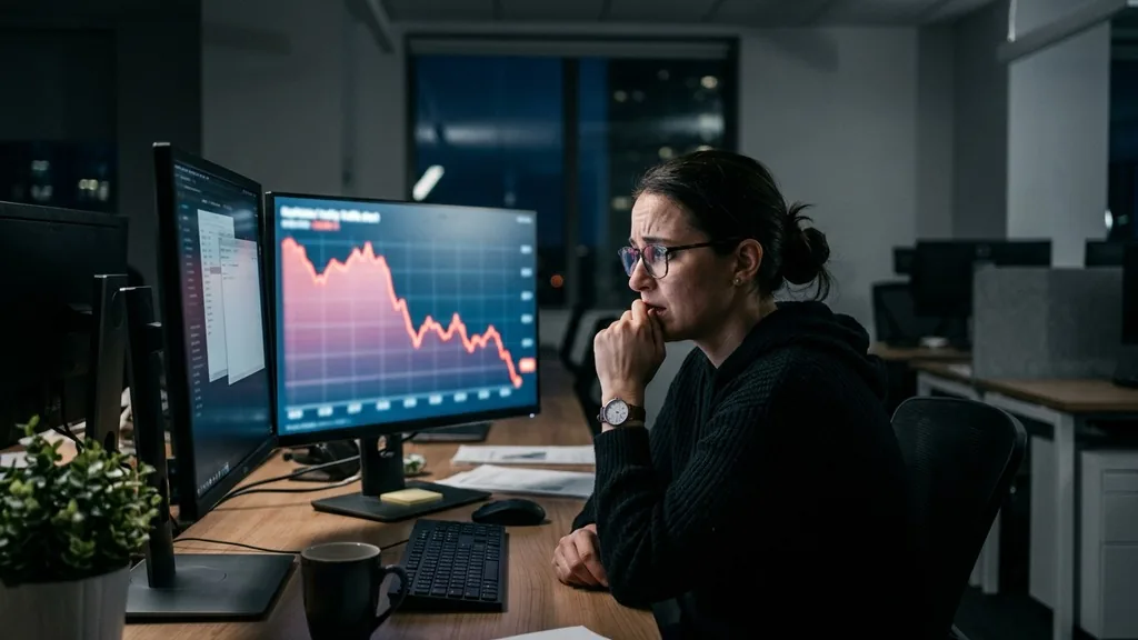 SEO analyst studying a steeply declining website traffic chart on a monitor in a quiet office at night