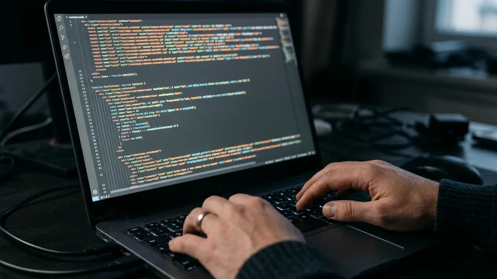 Close-up of a laptop screen showing website source code in a dim room with hands resting on the keyboard