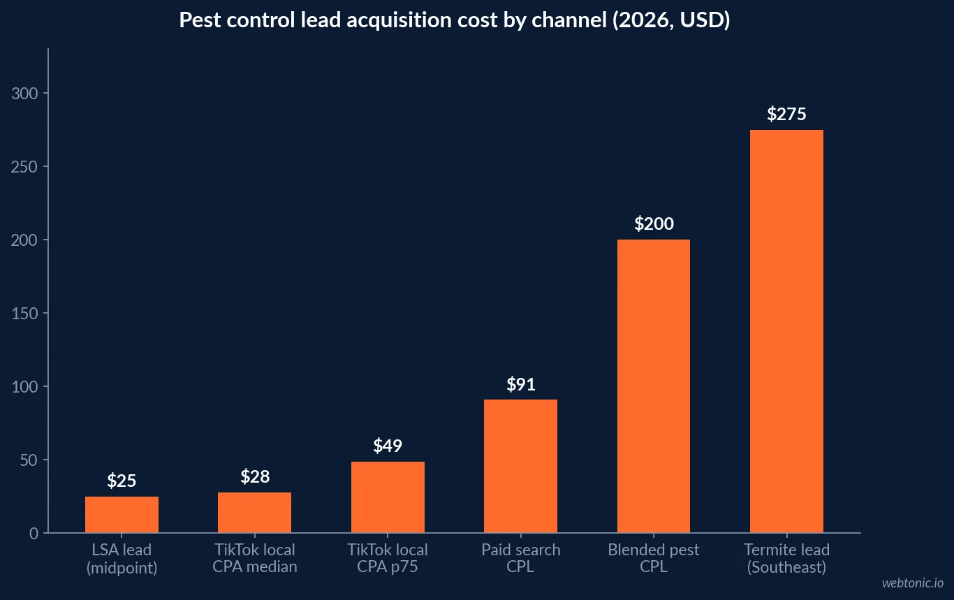 Chart comparing pest control lead costs in 2026 across Local Services Ads at 20 to 30 dollars, TikTok local services CPA at 27.80 dollars, paid search at 90.92 dollars and blended CPL at 150 to 250 dollars