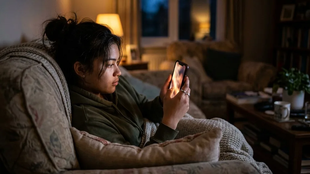 Young person watching a video on a smartphone while relaxing on a sofa in the evening with screen glow on their face