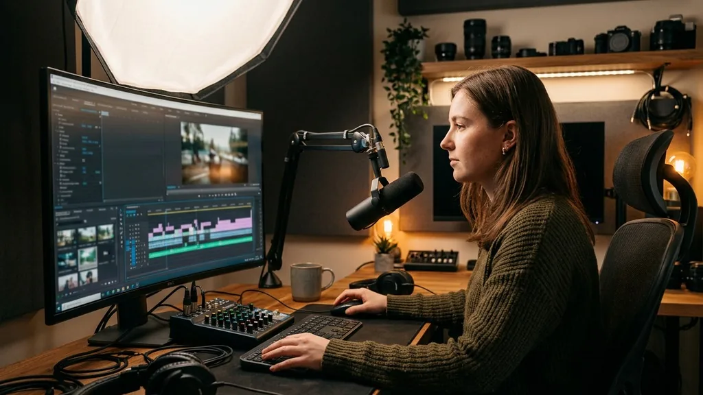 Video creator editing footage on a large monitor in a small home studio with softbox lighting and a microphone
