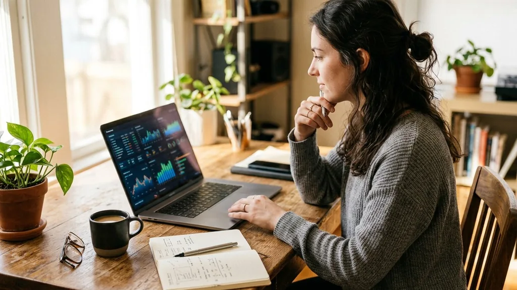 Creator reviewing video performance charts on a laptop at a wooden desk with a notebook and coffee