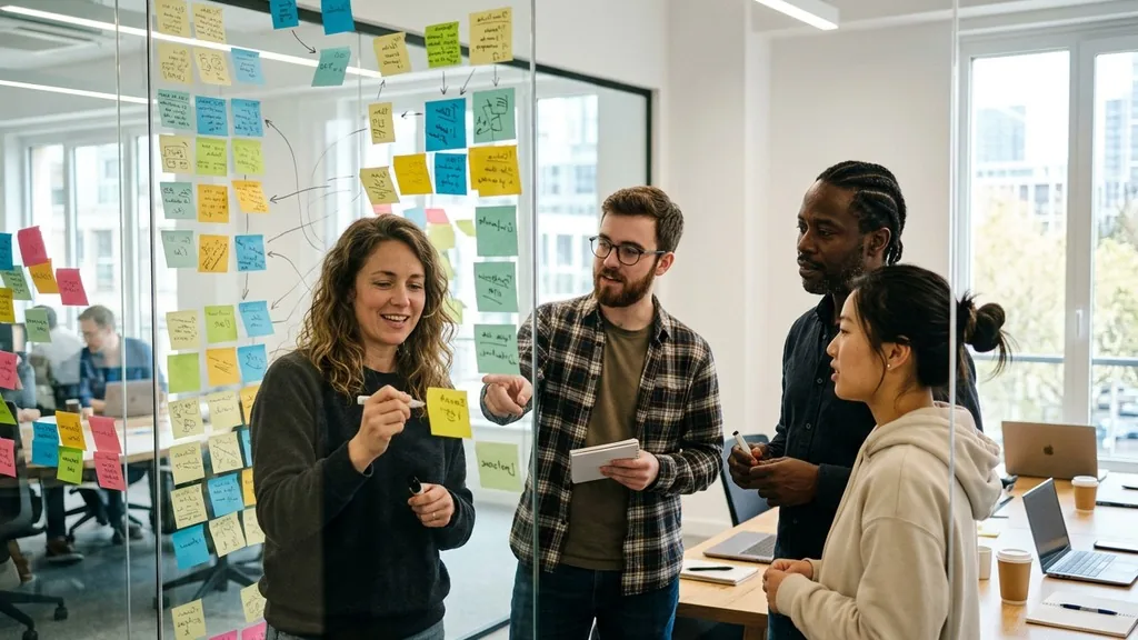 Small content team planning site structure with sticky notes on a glass wall in a bright meeting room