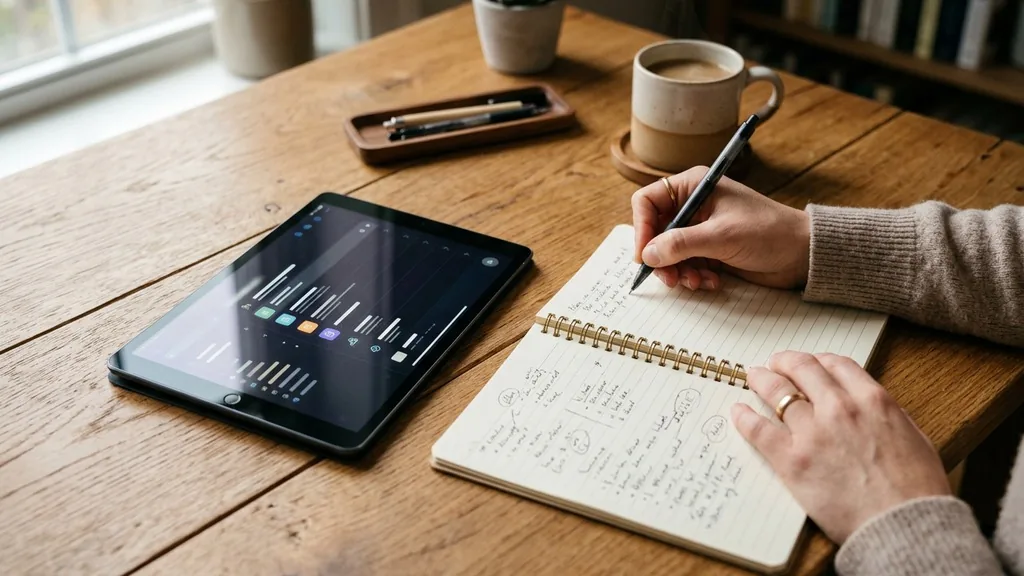 Hands writing keyword research notes in a notebook beside a tablet on a wooden table with coffee