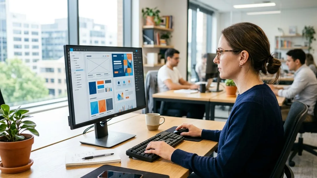 Marketer optimising a web page on a large monitor at a tidy desk in a bright office