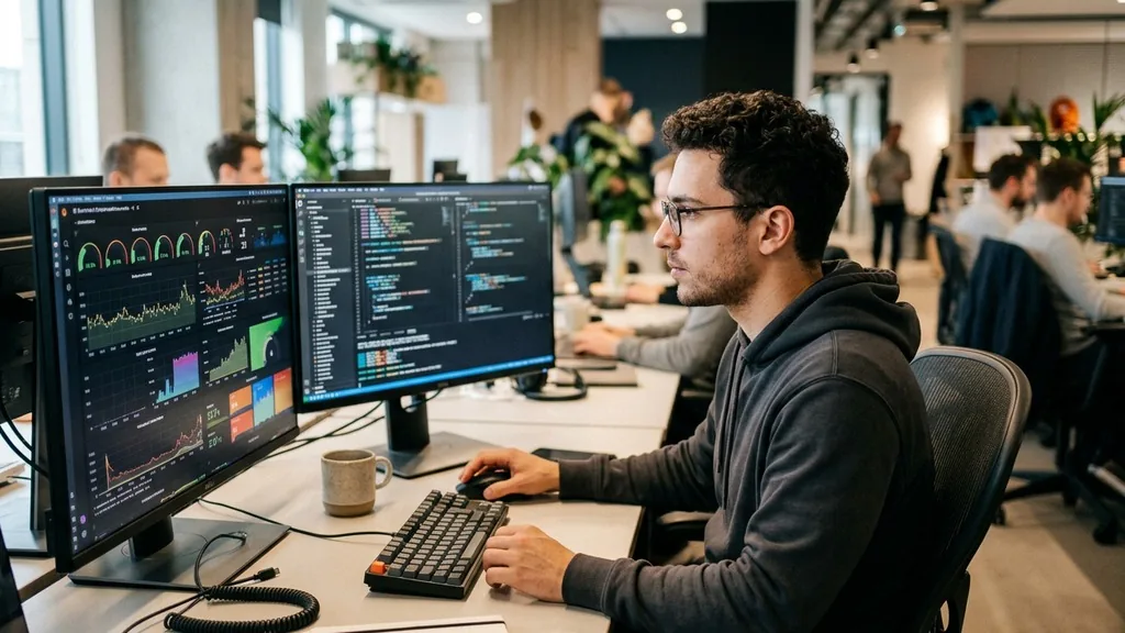 Developer inspecting website performance metrics on two monitors in a modern office