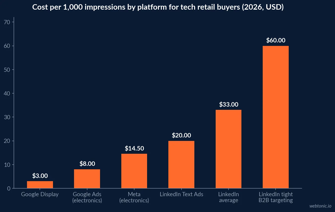 Chart comparing average LinkedIn Ads CPM of 33 dollars with Facebook and Instagram at 14.50 dollars and other platform benchmarks for 2026