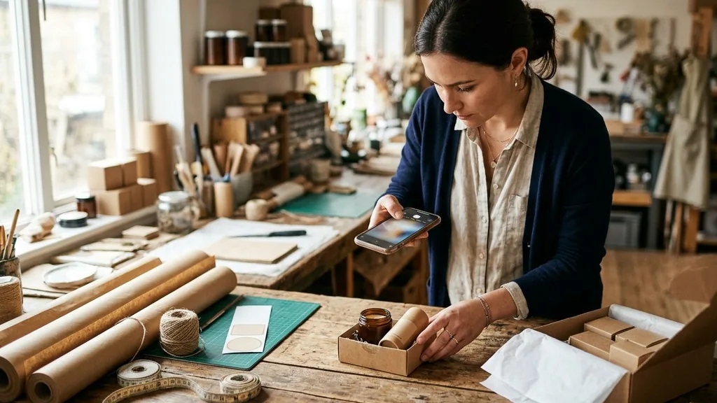 Small business owner photographing product packaging on a workbench with a phone in warm daylight