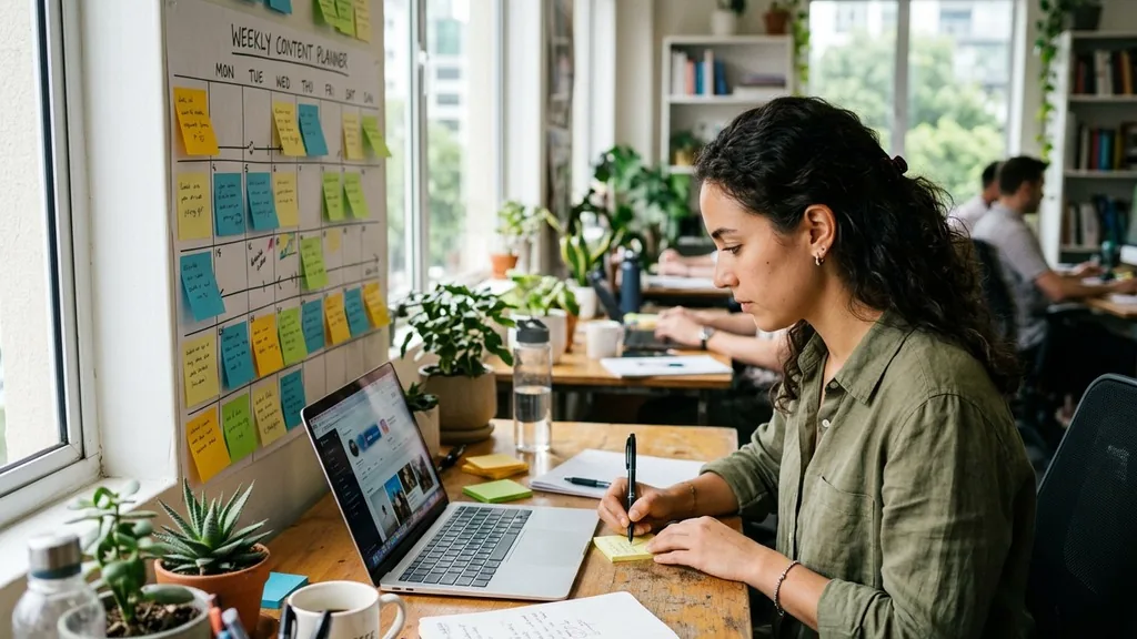 Social media manager planning a weekly content calendar with sticky notes and a laptop at a bright desk