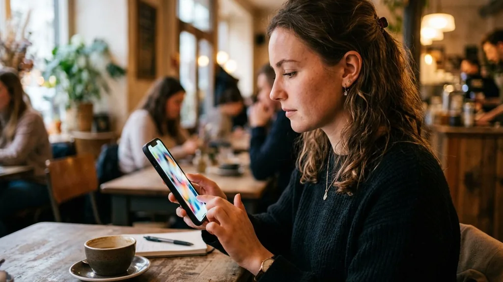 Person tapping through full-screen vertical content on a phone while sitting in a cafe