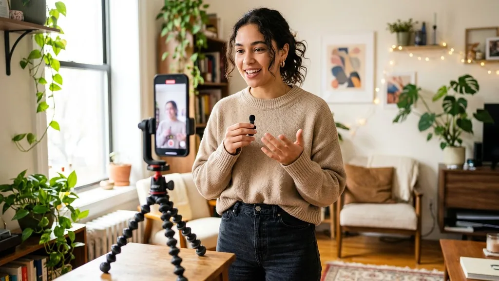 Young creator filming a vertical video of herself on a phone mounted to a small tripod in a bright apartment