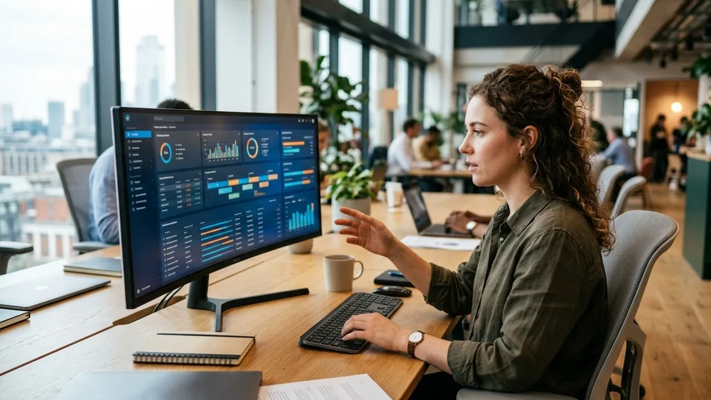 Marketer building an advertising campaign on a large monitor in a modern office