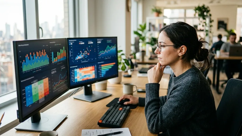 Analyst reviewing advertising performance charts on two monitors in a bright office