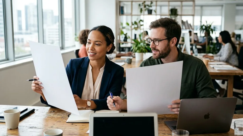 Two colleagues reviewing blank vertical ad mockups printed on paper at a meeting table