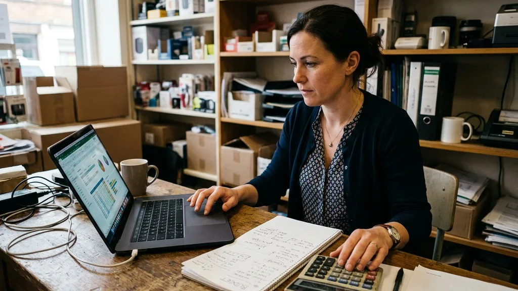 Small business owner setting an advertising budget on a laptop in a shop back office