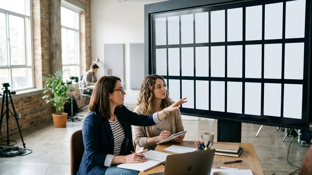 Two marketers reviewing a wall of vertical video frames on a large monitor in a bright studio