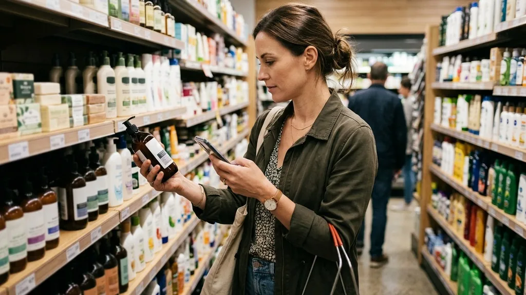 Shopper comparing products in a store while reading customer reviews on a phone