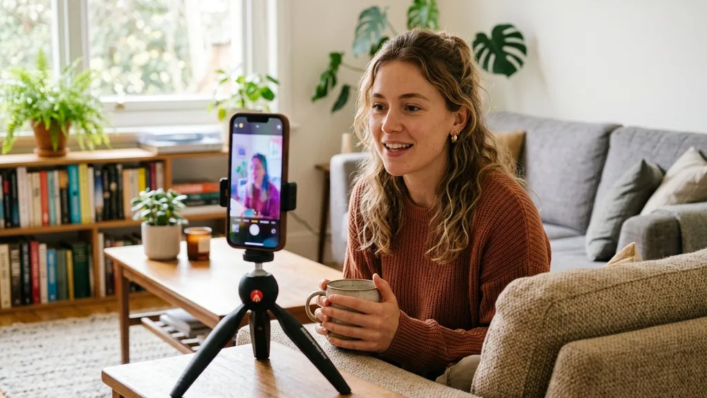 Customer filming a short video review of herself on a phone mounted on a tripod in a sunlit living room