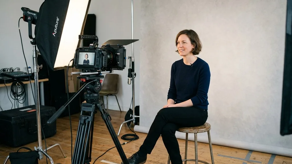 Simple customer interview setup with a camera on a tripod, softbox light and a stool in a clean studio