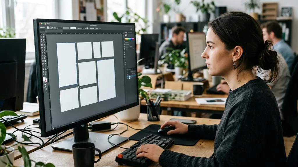 Graphic designer resizing rectangular and vertical creative frames in design software on a large monitor