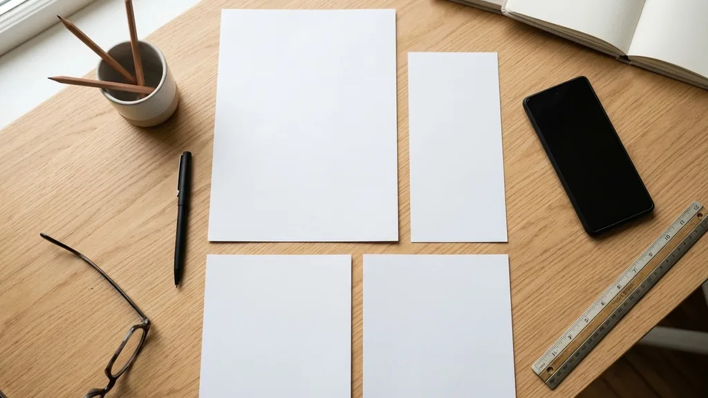Printed vertical and square advertising mockups laid out on a bright desk beside a phone and a ruler