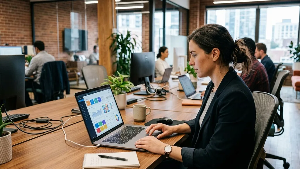 Media buyer checking ad placement previews on a laptop in a modern office
