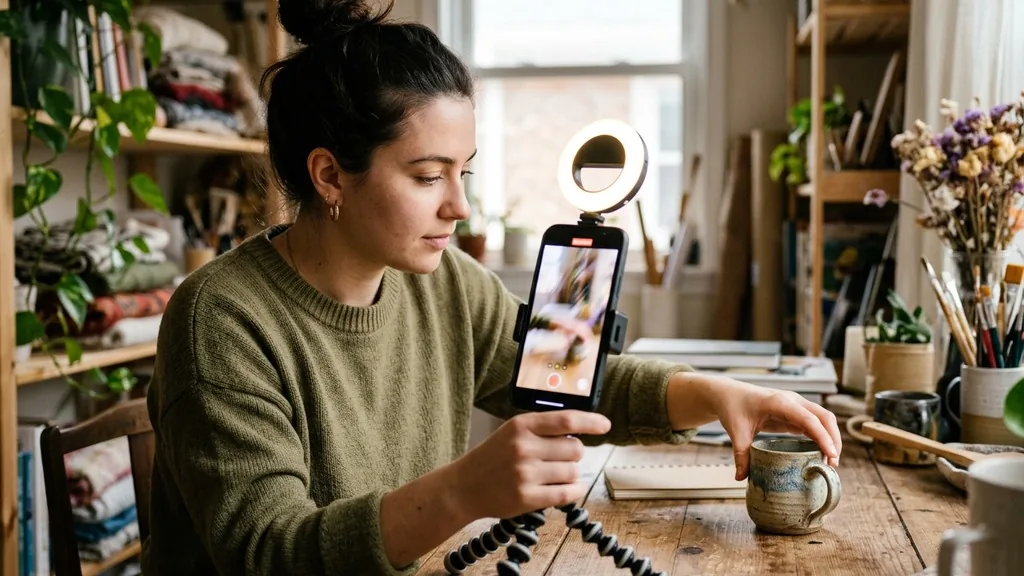 Creator shooting vertical video of a product on a phone in portrait orientation with a small light