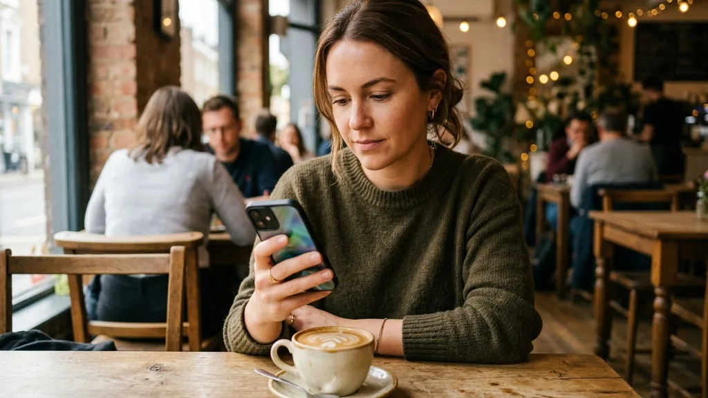Shopper scrolling a phone at a cafe table beside a coffee cup in warm natural light
