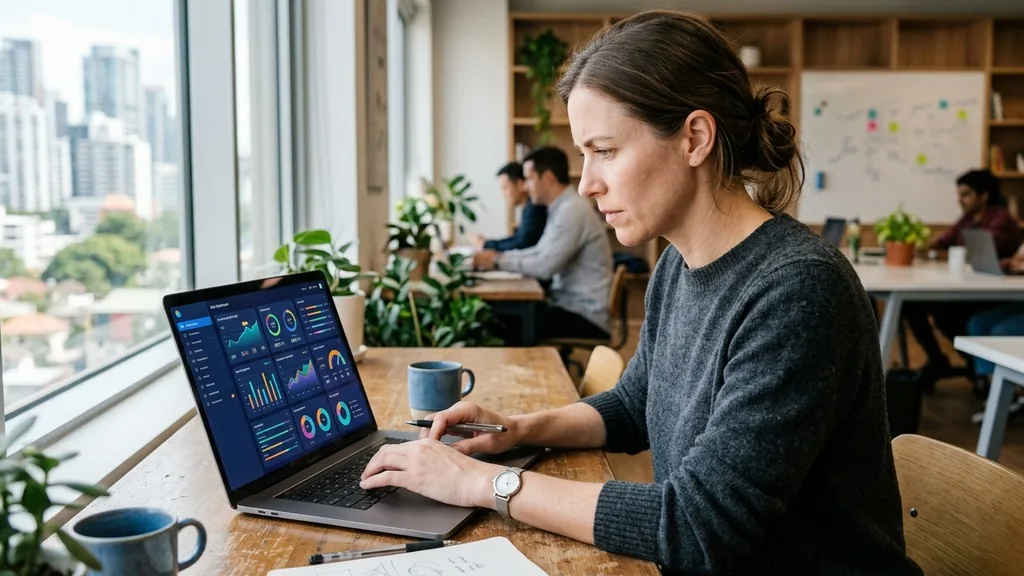 Marketer reviewing an advertising budget dashboard on a laptop in a bright modern office