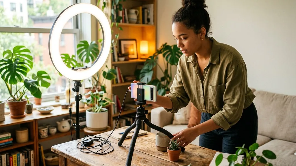 Creator filming a small product with a phone on a tripod beside a ring light in a sunlit apartment