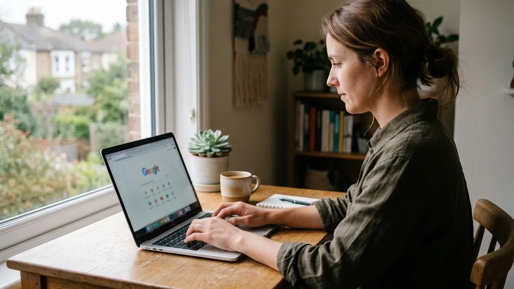 Person typing a search query on a laptop at a tidy wooden desk beside a window