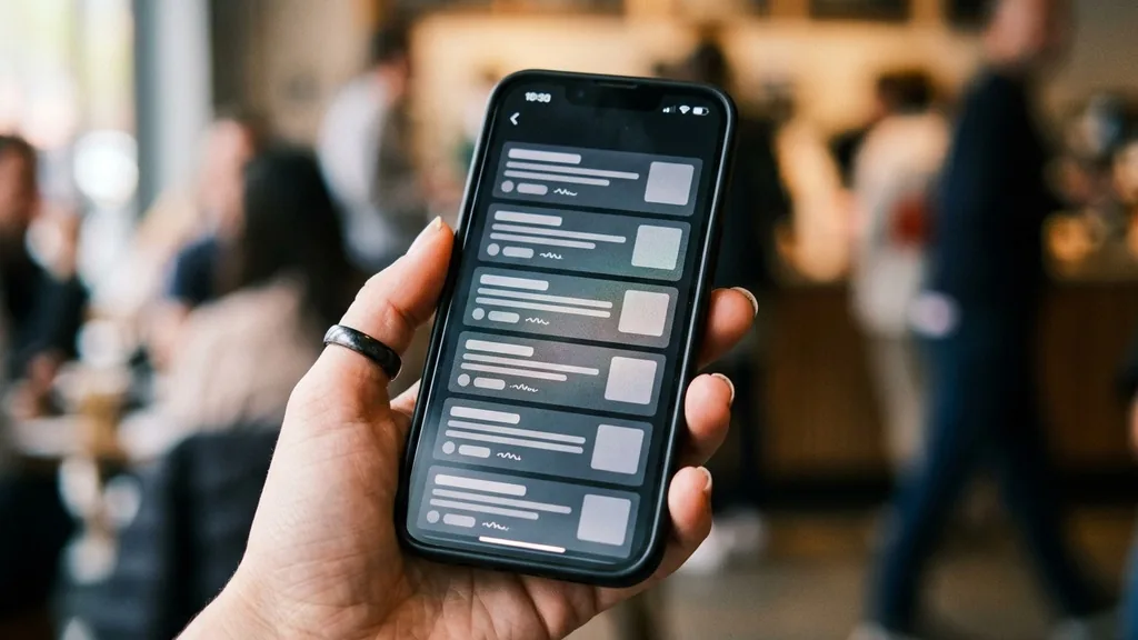 Close-up of a hand holding a phone showing a scrolling list of mobile search result cards