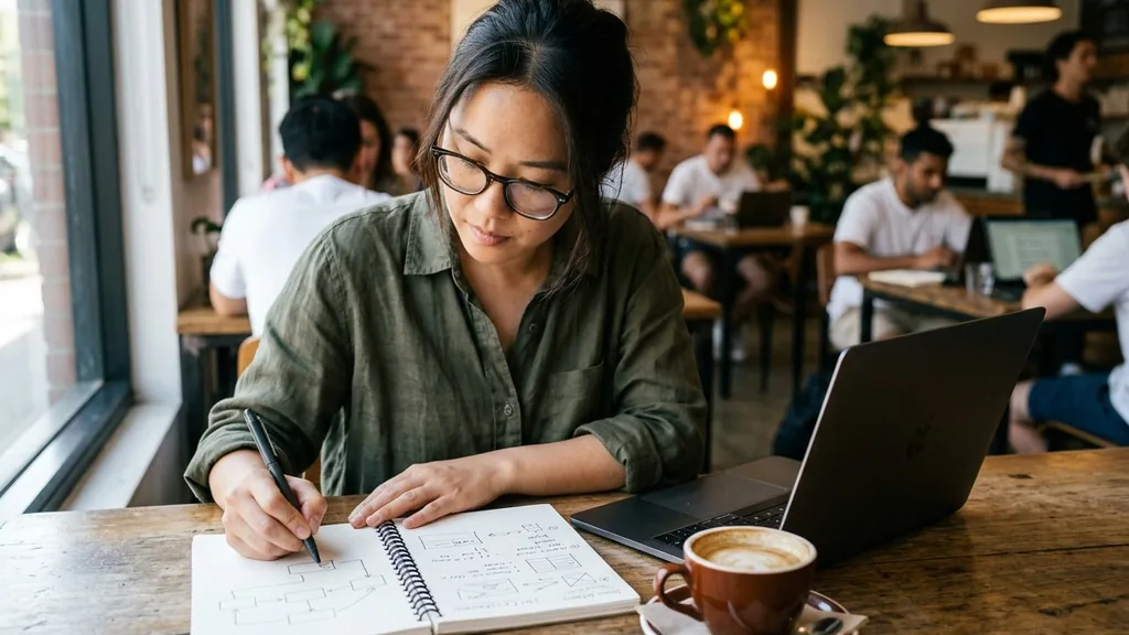 Content strategist sketching a search journey diagram in a notebook beside a laptop and coffee
