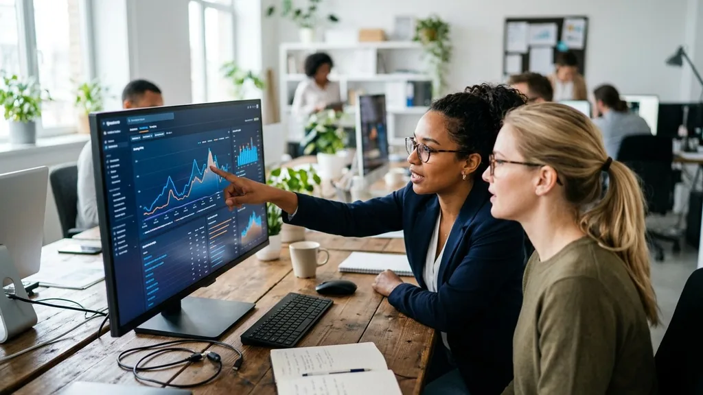 Two SEO specialists analysing search ranking charts on a large monitor in a bright office