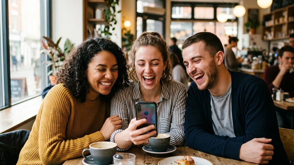 Three friends at a cafe table laughing while looking together at one phone screen