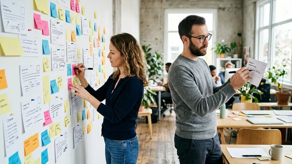 Two marketers reviewing a wall of sticky notes and printed customer review cards in an agency office