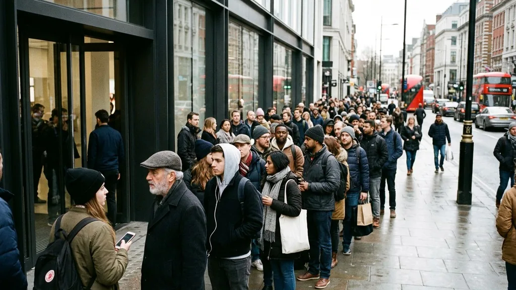 Long queue of shoppers waiting outside a modern retail store at opening time on a city street