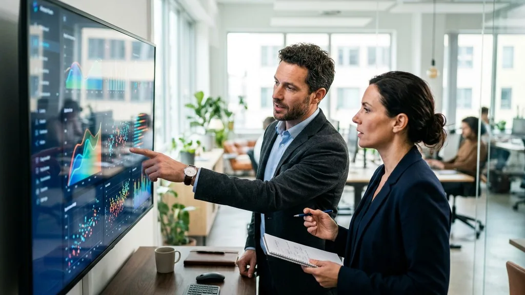 Two specialists reviewing website performance graphs on a large monitor in a bright office
