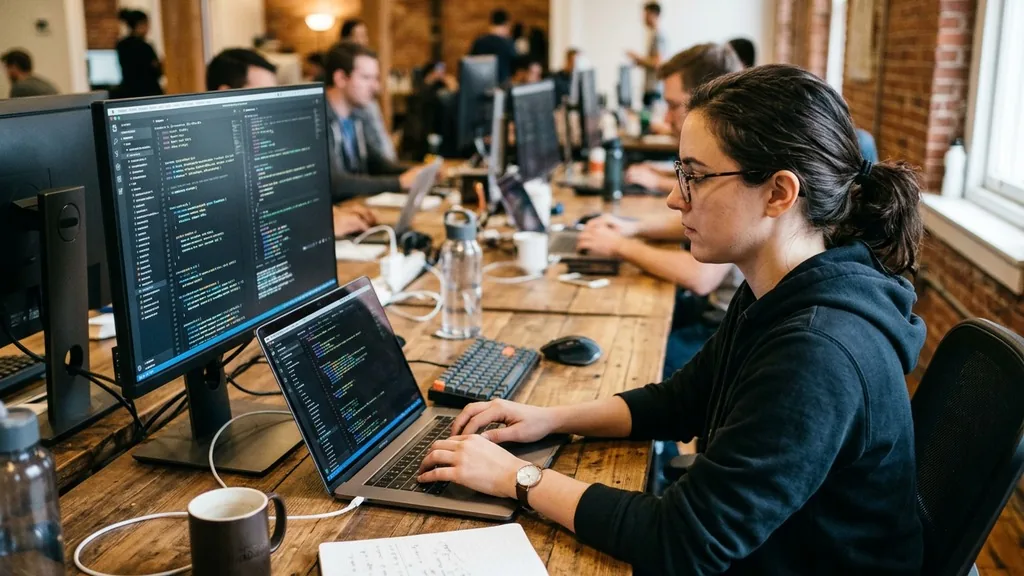 Web developer editing a website on a laptop at a wooden desk beside a second monitor