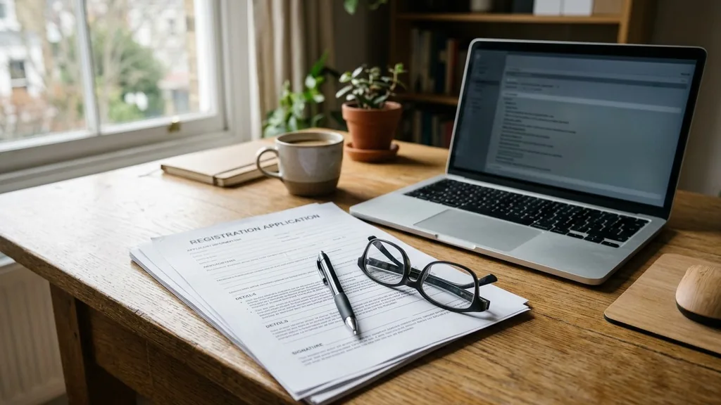Business registration paperwork, a pen and glasses on a desk beside a laptop ready for a trademark filing