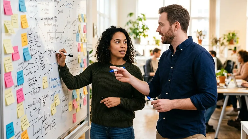 Two founders brainstorming business name ideas on a whiteboard covered in sticky notes in a startup office