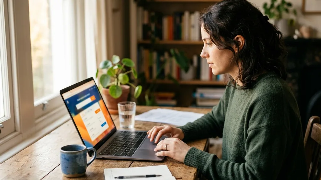 Founder checking domain name availability on a laptop at a wooden desk in warm natural light