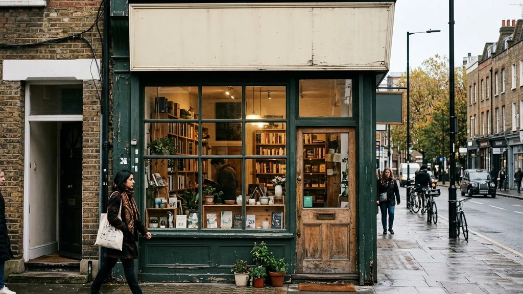 Independent shop front with a blank unbranded sign board above the window on a city street