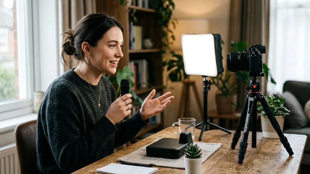 Content creator filming a product on a small desk setup with a camera on a tripod and softbox light