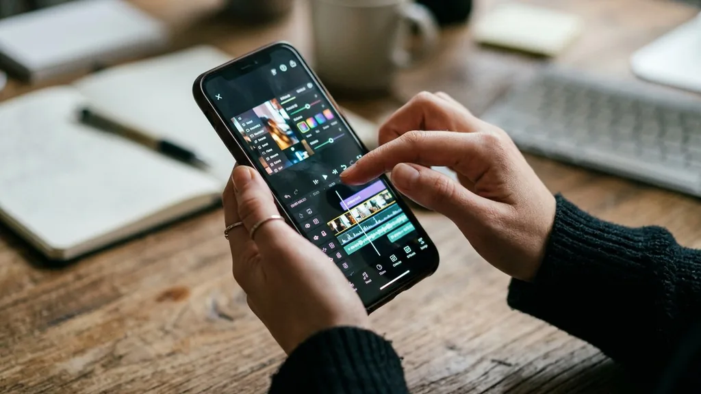 Close-up of hands editing a vertical video in a mobile app on a smartphone held above a desk