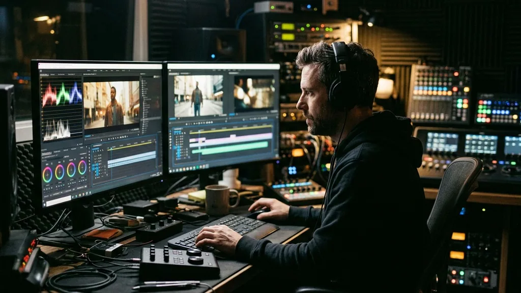 Video editor working at a dual-monitor workstation in a dim studio with colour grading panels on screen