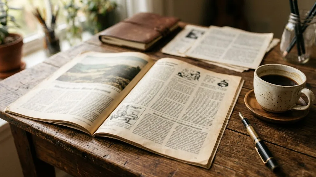 Vintage magazine print advertising pages spread across a wooden desk beside a pen and a coffee cup