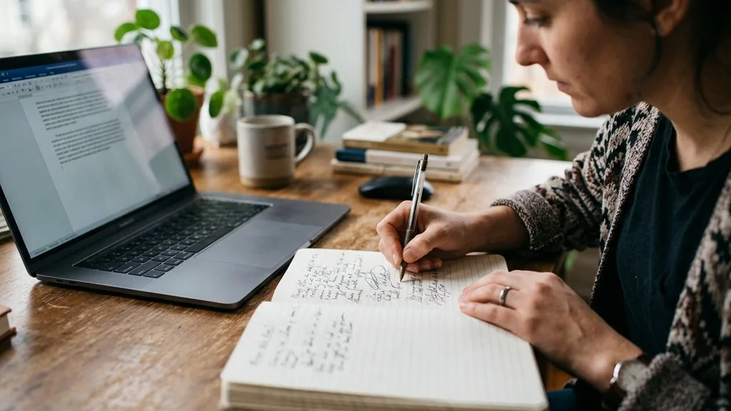 Close-up of a copywriter handwriting tagline candidates in a notebook beside a laptop at a desk